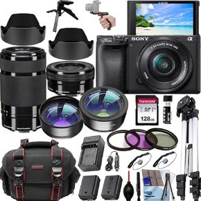 Sony a6400 24.1MP 4K Video Recording Camera with Sony E PZ 16-50mm f/3.5-5.6 and Sony E 55-210mm f/4.5-6.3 OSS Lenses, Tripod+Deluxe Accessory Bundle (Renewed), Black