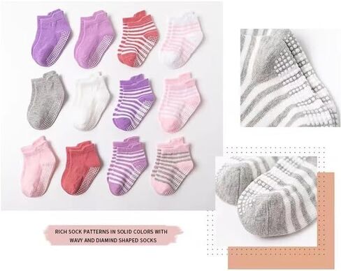 Multicolor Cotton Anti-Slip Grip Socks for Toddlers and Kids, Set of 6 in Kuwait