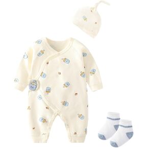 Newborn Romper Baby Boy Girl Outfits Long Sleeve Print Jumpsuit with Hat and Socks Cotton Unisex 3Pcs Clothes Set