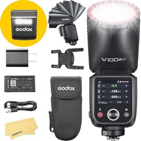 Godox V100F V100 F V100-F USA Version Round Head Camera Flash for Fujifilm Fuji Camera Flash Speedlite,100Ws 2.4G TTL1/8000 HSS,400 Full Power Flashes,7.2V/2980mAh Li-ion Battery,1.7s Recycle Time