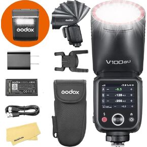 Godox V100O V100 O V100-O USA إصدار كاميرا مستديرة الكاميرا Flash for Olympus Panasonic Flash Speedlite ، 100WS 2.4G TTL1/8000 HSS ، 400 وميض الطاقة الكامل ، 7.2V/2980MAH LI-ion بطارية ، 1.7S إعادة التدوير ،