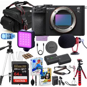 Sony a7C II Mirrorless Camera Body Only (Black) Bundle + Premium Accessory Package Including 64GB Extreme Memory, Case, Microphone, LED Light, Photo-Video Software & More (23 Pieces)