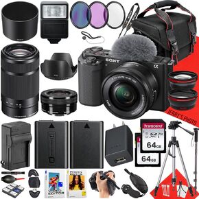 Sony ZV-E10 Mirrorless Camera with Sony E PZ 16-50mm F/3.5-5.6 OSS Lens and Sony E 55-210mm f/4.5-6.3 OSS + 2PC 64 GB Memory + Spider Tripod + Case + Extra Battery + More (35pc Bundle)