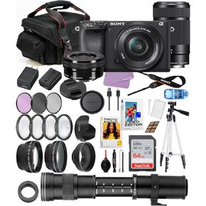 كاميرا Sony A6400 بدون مرآة مع حزمة عدسة من 16-50 مم و 55-210 مم + عدسة 420-800 مم + إكسسوارات Optics Commander Pro بما في ذلك المرشحات ، CASE ، عدسات AUX + 64 جيجابايت ، حزمة البرامج (متجددة)