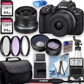 Canon EOS R50 4K Video Recording Mirrorless Camera with 18-45mm Lens, 2 X 64GB Fast Transcend Memory + Deluxe Accessory Bundle (Renewed)