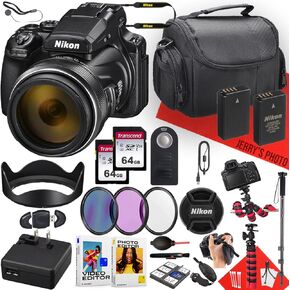 Nikon COOLPIX P1000 Digital Camera with NIKKOR 24-3000mm Lens + 2PC 64GB Memory + Extra Battery + Remote Control + Filters + Monopod + Spider Tripod + More (26pc Bundle) (Renewed)