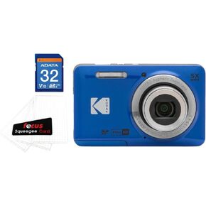 حزمة Kodak Pixpro Friendly Zoom FZ55 Digital Camera (Blue) مع محاميات شاشة LCD Digital Camera و 32 جيجابايت SDHC UHS-I U1 بطاقة ذاكرة مضادة للصدمات مضادة للماء (3 عناصر)