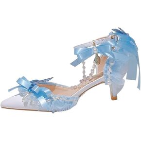 Blue Lace Bow Pointed Toe Lolita High Heel Women's Shoes Pearl Fringe Wrist Strap Prom Ladies Stiletto Heel Hollow Sandals Bridal Wedding Shoes