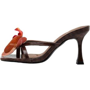 MakeMeChic Women's 3D Flower Decor Square Toe Floral High Heel Sandals Slip on Straps Heeled Slides Party Summer Dress Shoes