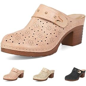 WENOREG Women’s Hollow Closed Toe Chunky Heels Mules,Summer Retro Flower Pattern Slip On Slides Loafer Shoes,Metal Decoration Casual Breathable Backless Mules Sandals