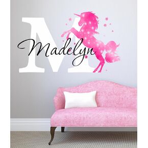 Girls Nursery Glitter Shimmer Sparkle Printed Unicorn Name and Initial Personalized Custom Name Vinyl Wall Decal, Wall Decor Sticker (Multiple Sizes to Choose from) (Original Shimmer)