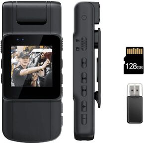 128GB 180° Rotate Mini Body Camera - 1080p Wearable Camcorder with Night Vision - Long Battery Life Audio Video Camera for Daily Records
