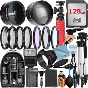 حزمة ملحقات 49 ملم لـ Canon EOS: R50 ، R100 ، M5 ، M6 Mark II ، M6 ، R10 + LP-E17 بطارية + 128GB بطاقة ذاكرة + شاحن بطارية + عدسة زاوية عريضة + حقيبة ظهر + ترايبود + فلاش + أكثر (28PC حزمة)