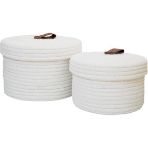 Aplolemo2-Pack Round Cotton Rope Storage Baskets with Lids -Leather Handles- Decorative Woven Organizer Bin for Home, Kitchen, Nursery (White, 7.5" x 4.4" & 8.7" x 5.6")