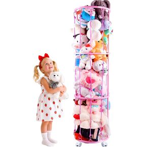 Metal Stuffed Animal Zoo Storage Holder Standing with Wheels, 13" x 58.6" Space Saving Soft Toy Storage Organizer Shelves Basket for Bedroom Nursery Play Room Decor, Easy Installation