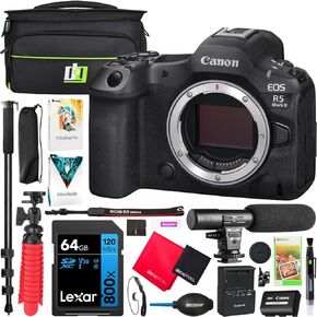 Canon EOS EOS R5 Mark II Full Frame Mirrorless Interchangeable Lens Camera Body 6536C002 Bundle with Deco Gear Photography Bag + Microphone + Monopod + Software & Accessories Kit