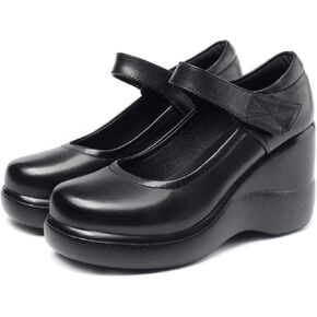 Women's Leather Wedge Mary Jane Shoes Comfort Round Toe Hook Loop Ankle Strap Soft Sole Platform Pumps Business Office Formal Shoes