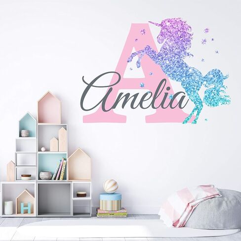 Girls Nursery Glitter Shimmer Sparkle Printed Unicorn Name and Initial Personalized Custom Name Vinyl Wall Decal, Wall Decor Sticker (Multiple Sizes to Choose from) (Original Shimmer) in Kuwait