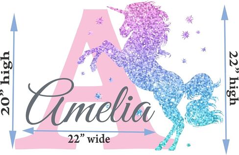 Girls Nursery Glitter Shimmer Sparkle Printed Unicorn Name and Initial Personalized Custom Name Vinyl Wall Decal, Wall Decor Sticker (Multiple Sizes to Choose from) (Original Shimmer) in Kuwait