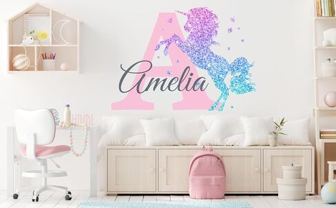 Girls Nursery Glitter Shimmer Sparkle Printed Unicorn Name and Initial Personalized Custom Name Vinyl Wall Decal, Wall Decor Sticker (Multiple Sizes to Choose from) (Original Shimmer) in Kuwait