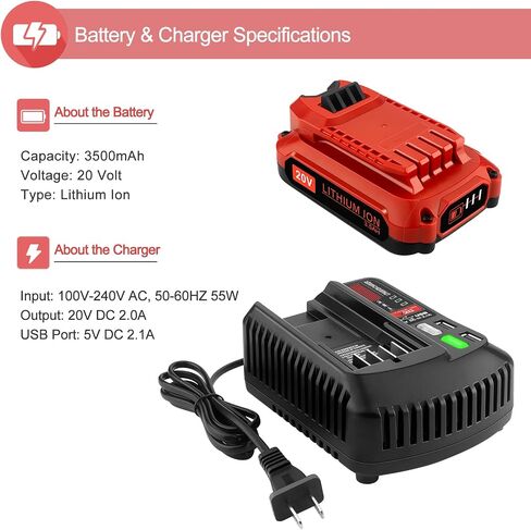 2Pack 20V 3.5Ah Replacement Craftsman V20 Lithium Battery and Charger Kit for CMCB202 CMCB204 CMCB206 CMCB201 CMCB100 CMCB124 with CMCB104 Craftsman 20V Charger in Saudi Arabia