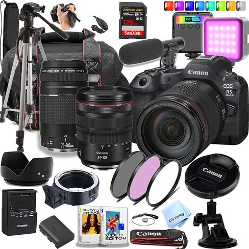 Canon EOS R5 Mark II 45 MP كاميرا كاملة الإطار مع عدسات USM 24-105 مم و 75-300 مم + بطاقة متطرفة 128 جيجابايت + حالة + ميكروفون + RGB ضوء الفيديو + ترايبود + المزيد (حزمة المبدع المحتوى) (متجدد) in Kuwait