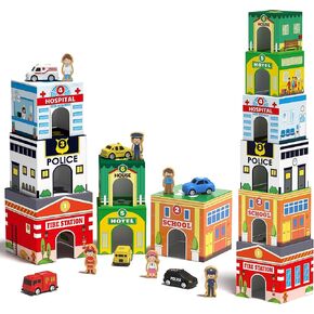 Coogam Toddler Sorting & Stacking Toys with Nesting Garages Cars, Number Stackable Block Boxes for Kids Learning Community Helpers, Preschool Educational Montessori Toy Gift for 2 3 4 Year Old Baby
