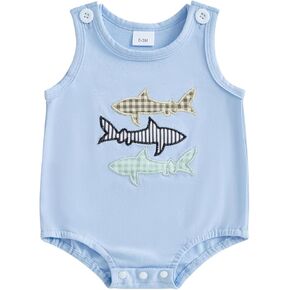 Baby Boy Fishing Outfit Shark/Crab Embroidery Sleeveless Bubble Tank Top Newborn Bodysuit Infant Ocean Beach Clothes