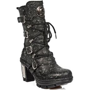 New Rock NEOTR005-S25 Ladies Leather Boots Vintage Floral Black Gothic Rock Punk