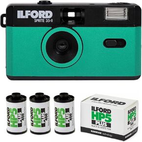 Ilford Sprite 35-II Reusable and Reloadable 35mm Analog Film Camera (Teal and Black) Bundle with HP5 Plus ISO 400 Black and White 36 Exposures 35mm Roll Film (3-Pack) (4 Items)