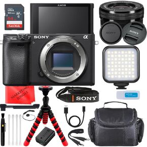 Sony A6400 Mirrorless Camera with 16-50mm Lens (Black) Vlogging/Video Creator Bundle with Portable LED Light, 64Gb Memory Card, Cleaning Kit + Accessories (Renewed)