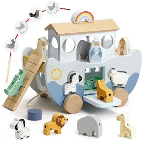 Joyreal Wooden Noah's Ark Toy for 1 Year Old Baby Boy and Girl Baptism Gift - Neutral Color Montessori Educational Toy with Animal Shape Sorter - Christian Toys for Toddler 1-3 Christmas Birthday Gift