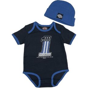 Harley-Davidson Baby Boys' Newborn Ringer Creeper w/Beanie - Black/Blue