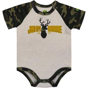 John Deere Oatmeal Camo Raglan Sleeve Buck Deer Head Short Sleeve Bodysuit Sizes 3/6 6/9 9/12 Months
