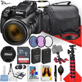 Nikon COOLPIX P1100 Digital Camera with NIKKOR 24-3000mm Lens + 64GB Memory + Extra Battery + Filters + Spider Tripod + More (21pc Bundle)