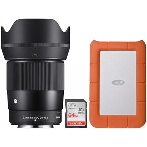 Sigma 23mm F1.4 DC DN Lens for Fujifilm X-Mount - Wide Angle Prime Lens with Bright Aperture - Superior Low-Light Performance Bundle with 1 TB External Hard Drive and 64 Memory Card (3 Items)