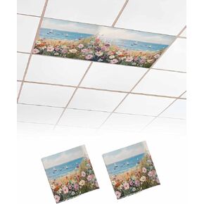 2 Pack Fluorescent Light Cover for Ceiling Lights, Spring Floral Magnetic Classroom Light Filters 4x2 Feet, Oil Painting Art Landscape Beach Decorative Ceiling Shade Panel for Office