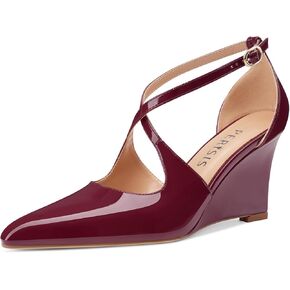 Women's Sexy Wedge Heels Pointed Close Toed Patent Leather Pumps Cross Strappy Wedges Pointy Pump Ankle Strap Buckle Comfortable Wedding Dressy Shoes
