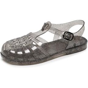 LUXINYU Women Jelly Sandals Adjustable Buckle T-Strap Round Toe Slingback Bling Flats Summer Fisherman's Sandal Glitter Rain Shoes
