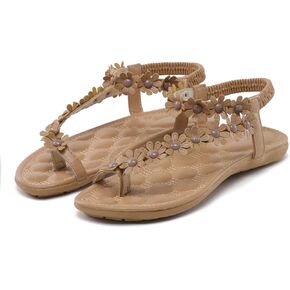 Sandals for Women Beach,Boho Floral Roma Flip Flops T-Strap Flatsshoes Summer Glitter Beaded Elastic Thong Shoes
