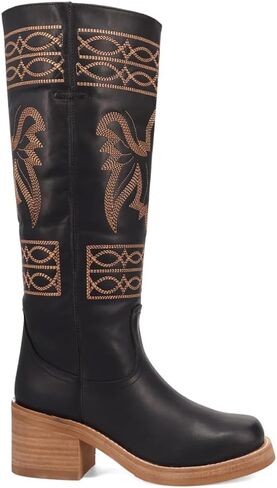 Dingo Womens Avalon Embroidered Round Toe Pull On Casual Boots Over the Knee Mid Heel 2-3" - Black in Saudi Arabia