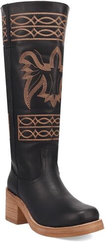 Dingo Womens Avalon Embroidered Round Toe Pull On Casual Boots Over the Knee Mid Heel 2-3" - Black in Saudi Arabia