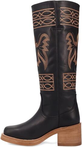 Dingo Womens Avalon Embroidered Round Toe Pull On Casual Boots Over the Knee Mid Heel 2-3" - Black in Saudi Arabia