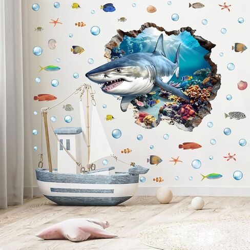 YIMEHDAN 3D Large Shark Wall Decals(28.1"x22.8"), Watercolor Sea World Vinyl Wall Stickers, Removable Cartoon Under The Sea Animal Artwork for Baby Bedroom Playroom Bathroom Decor in Kuwait