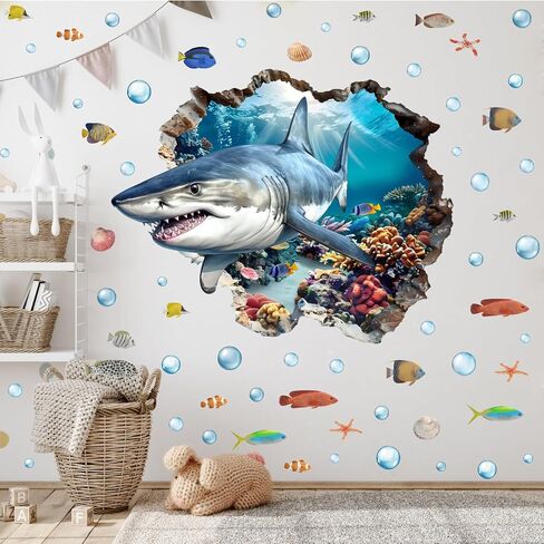 YIMEHDAN 3D Large Shark Wall Decals(28.1"x22.8"), Watercolor Sea World Vinyl Wall Stickers, Removable Cartoon Under The Sea Animal Artwork for Baby Bedroom Playroom Bathroom Decor in Kuwait
