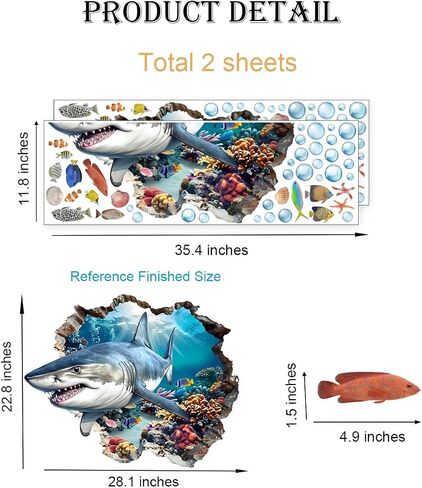 YIMEHDAN 3D Large Shark Wall Decals(28.1"x22.8"), Watercolor Sea World Vinyl Wall Stickers, Removable Cartoon Under The Sea Animal Artwork for Baby Bedroom Playroom Bathroom Decor in Kuwait
