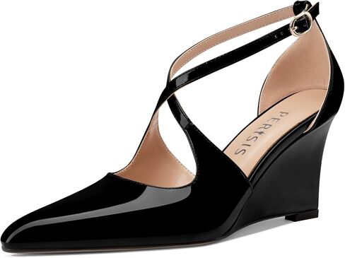 Women's Sexy Wedge Heels Pointed Close Toed Patent Leather Pumps Cross Strappy Wedges Pointy Pump Ankle Strap Buckle Comfortable Wedding Dressy Shoes in Saudi Arabia