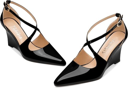 Women's Sexy Wedge Heels Pointed Close Toed Patent Leather Pumps Cross Strappy Wedges Pointy Pump Ankle Strap Buckle Comfortable Wedding Dressy Shoes in Saudi Arabia