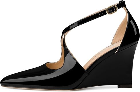 Women's Sexy Wedge Heels Pointed Close Toed Patent Leather Pumps Cross Strappy Wedges Pointy Pump Ankle Strap Buckle Comfortable Wedding Dressy Shoes in Saudi Arabia