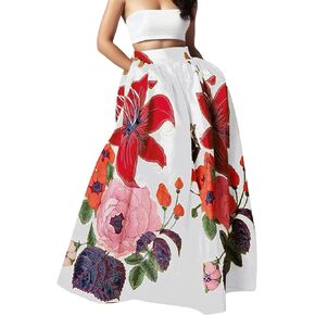Women Maxi Long Skirt Dress Bohemian Floral Print High Waist Skirts A-line Flowy Holiday Party Sundress with Pockets